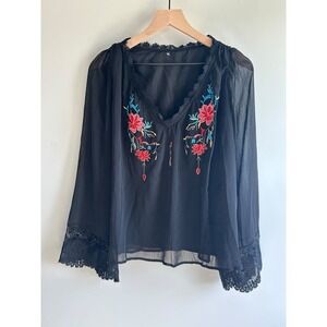 Women's Gothic Y2K Sheer Embroidered Floral Top Size M Oversized Boho Chic